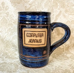 bluejean pottery by Debra Ocepek, computer jeanius mug in blue jean